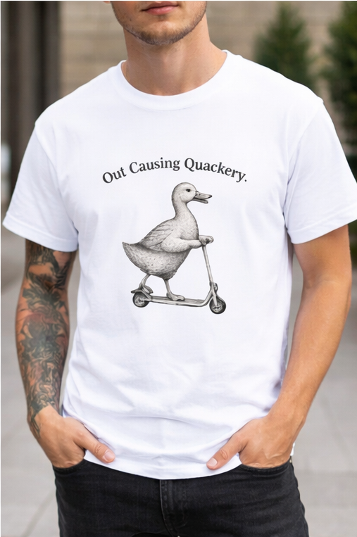 Out Causing Quackery – Funny Duck Riding Scooter T-Shirt | Vintage Animal Humor Tee | trandzY