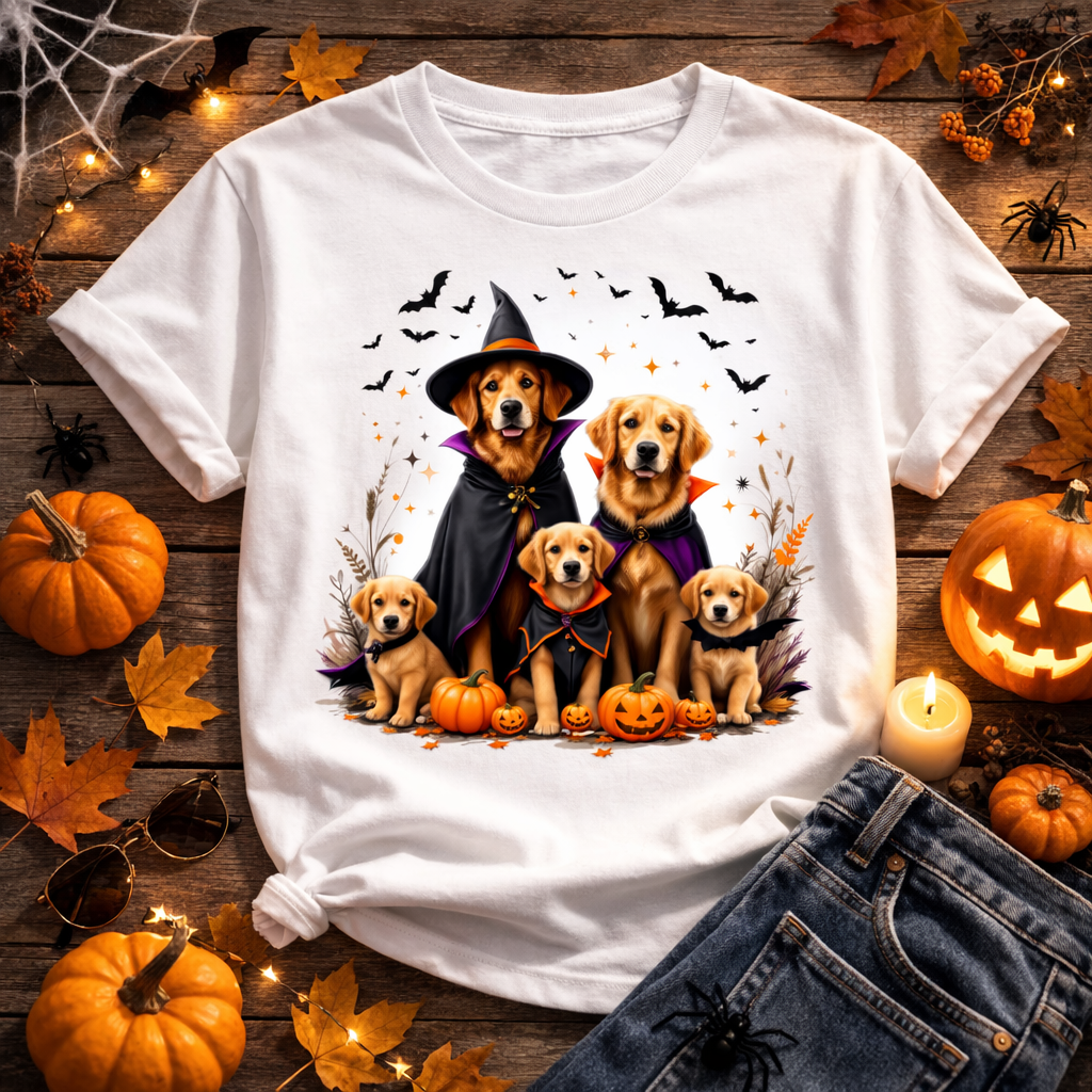 Halloween Golden Retriever Family – Cute Witch Dog Pumpkin T-Shirt | Spooky Dog Lover Tee | trandzY