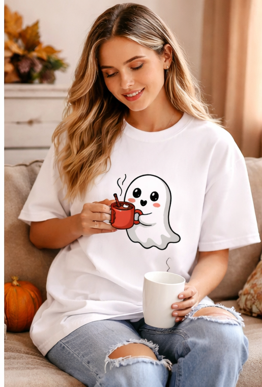 Cute Ghost Drinking Hot Cocoa – Cozy Halloween Aesthetic T-Shirt | trandzY