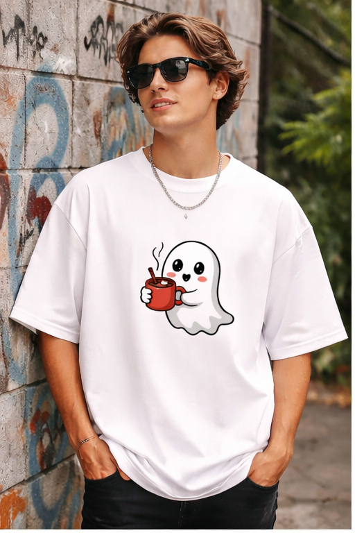 Cute Ghost Drinking Hot Cocoa – Cozy Halloween Aesthetic T-Shirt | trandzY