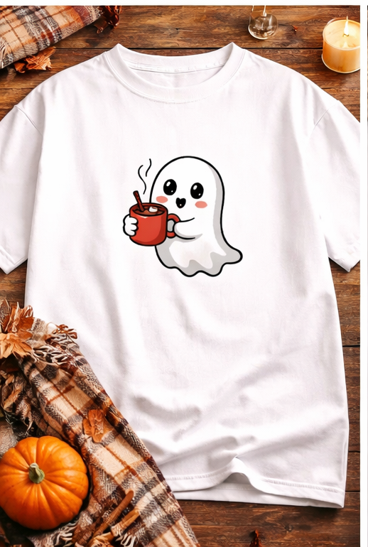 Cute Ghost Drinking Hot Cocoa – Cozy Halloween Aesthetic T-Shirt | trandzY