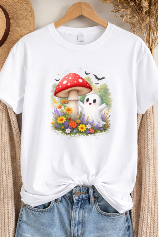Cute Ghost & Mushroom Flower Garden T-Shirt | Cottagecore Ghost Graphic Tee | Whimsical Forest Spirit Shirt | Cute Halloween Aesthetic Shirt