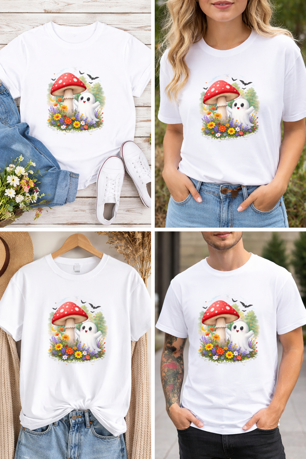 Cute Ghost & Mushroom Flower Garden T-Shirt | Cottagecore Ghost Graphic Tee | Whimsical Forest Spirit Shirt | Cute Halloween Aesthetic Shirt