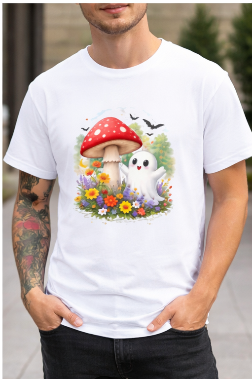 Cute Ghost & Mushroom Flower Garden T-Shirt | Cottagecore Ghost Graphic Tee | Whimsical Forest Spirit Shirt | Cute Halloween Aesthetic Shirt