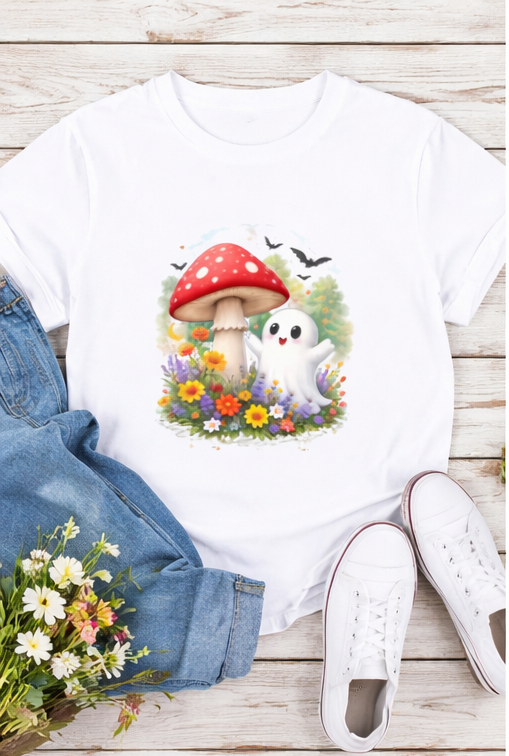 Cute Ghost & Mushroom Flower Garden T-Shirt | Cottagecore Ghost Graphic Tee | Whimsical Forest Spirit Shirt | Cute Halloween Aesthetic Shirt