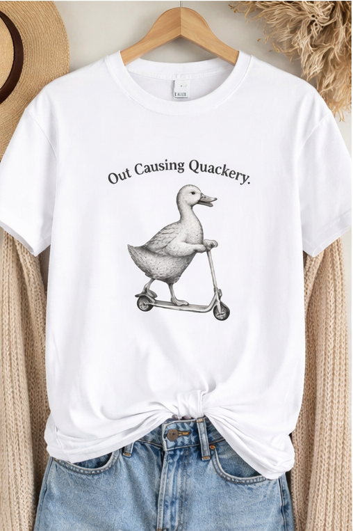 Out Causing Quackery – Funny Duck Riding Scooter T-Shirt | Vintage Animal Humor Tee | trandzY