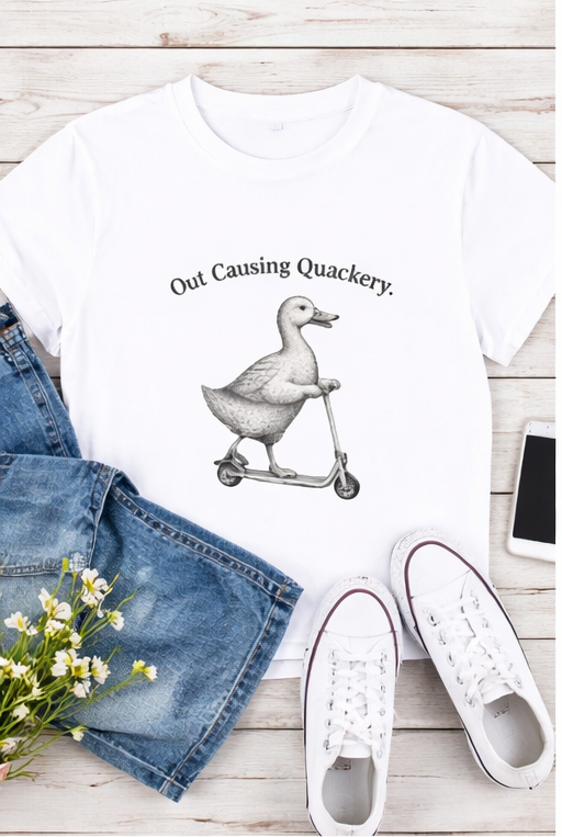 Out Causing Quackery – Funny Duck Riding Scooter T-Shirt | Vintage Animal Humor Tee | trandzY