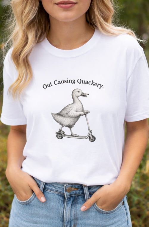 Out Causing Quackery – Funny Duck Riding Scooter T-Shirt | Vintage Animal Humor Tee | trandzY