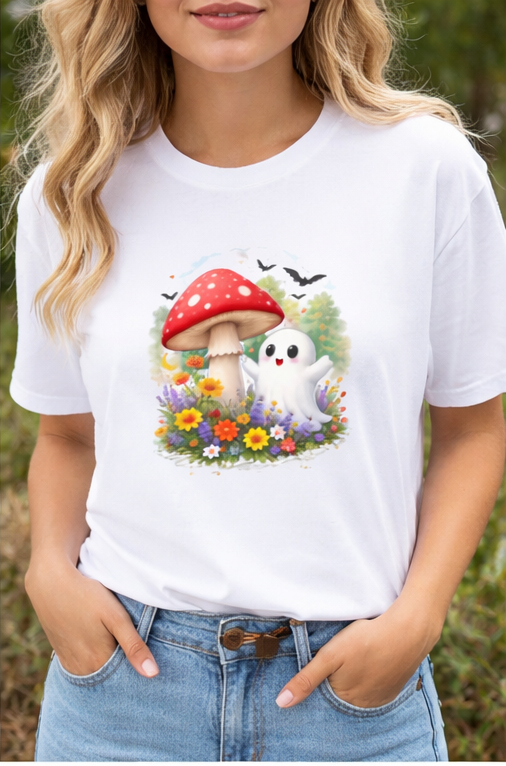 Cute Ghost & Mushroom Flower Garden T-Shirt | Cottagecore Ghost Graphic Tee | Whimsical Forest Spirit Shirt | Cute Halloween Aesthetic Shirt